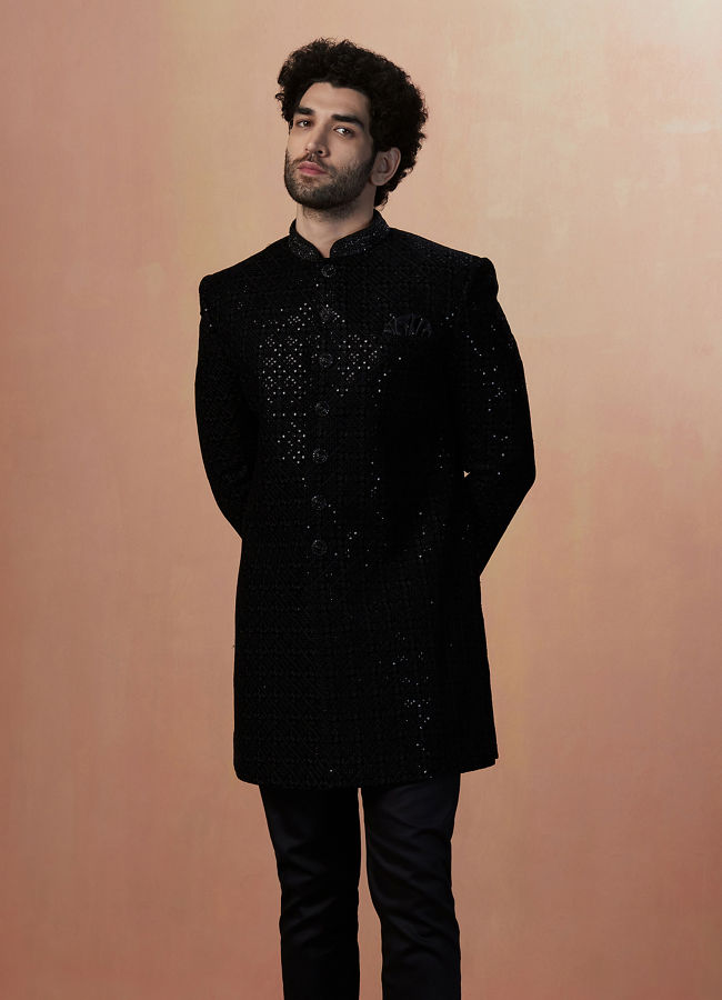 alt message - Manyavar Men Black Sequins Velvet Indo Western image number 1